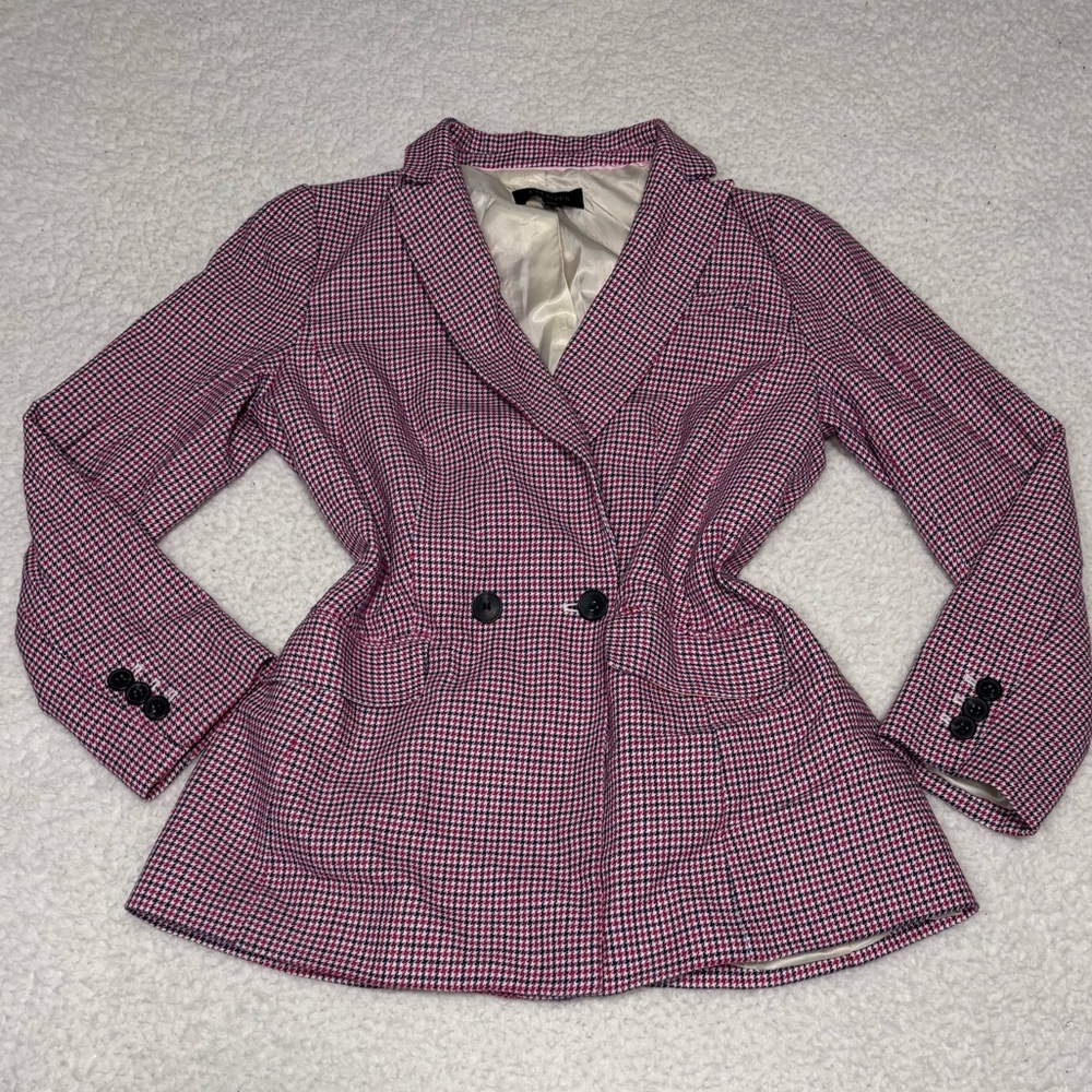 Talbots Women Pink Houndstooth Double Breasted Cotton Blazer Jacket